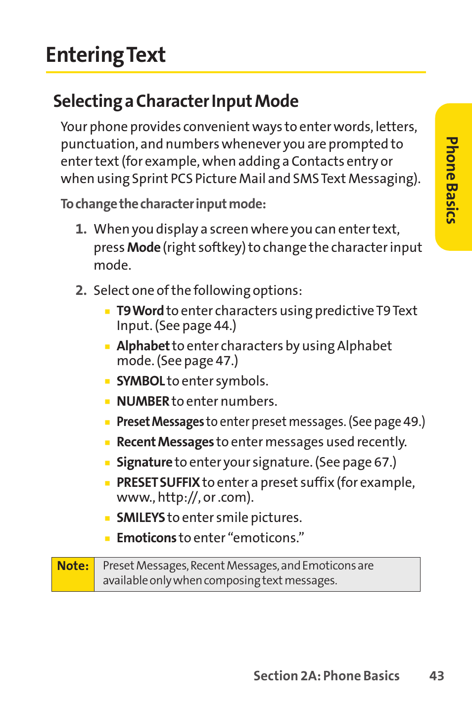 Entering text, Selecting a character input mode, Ph on e b as ics | Sprint Nextel SPRINT PCSVISION SCP-7000 User Manual | Page 59 / 254