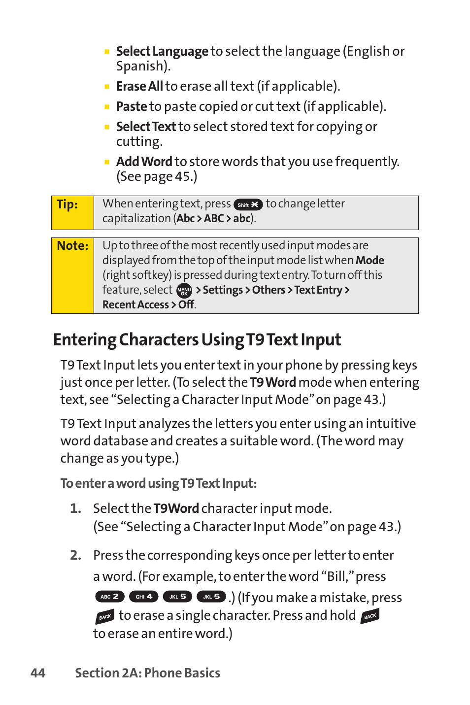 Entering characters using t9 text input, Erase all to erase all text (if applicable), Paste to paste copied or cut text (if applicable) | Sprint Nextel SPRINT PCSVISION SCP-7000 User Manual | Page 60 / 254