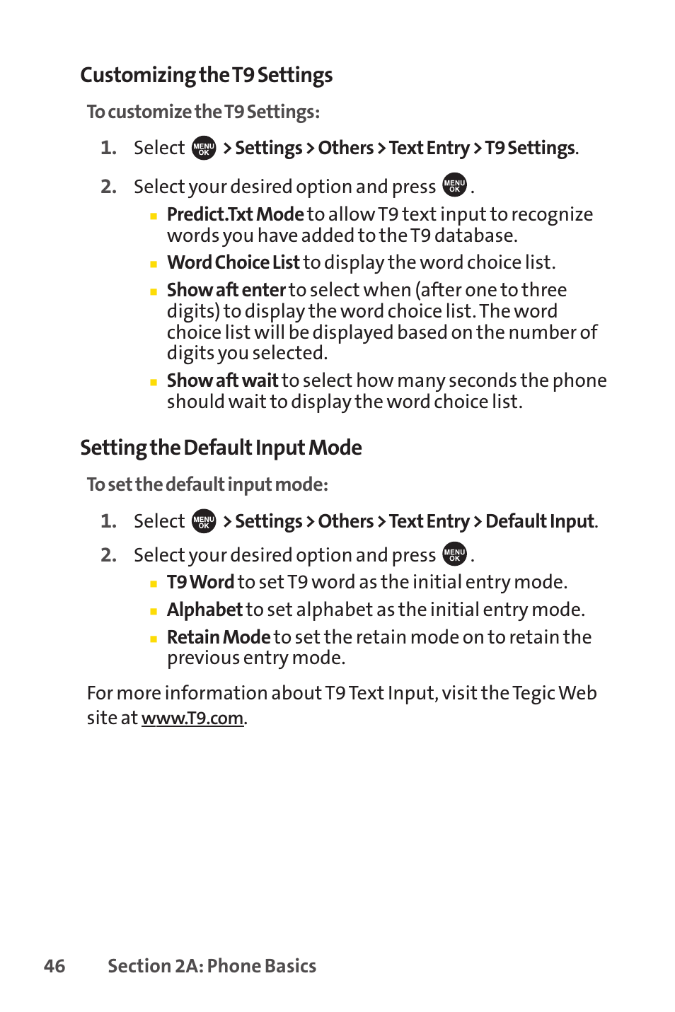 Customizing the t9 settings, Setting the default input mode | Sprint Nextel SPRINT PCSVISION SCP-7000 User Manual | Page 62 / 254