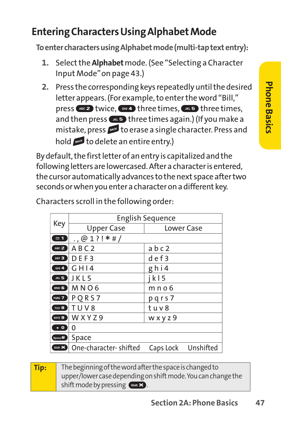 Entering characters using alphabet mode, Ph on e b as ics | Sprint Nextel SPRINT PCSVISION SCP-7000 User Manual | Page 63 / 254