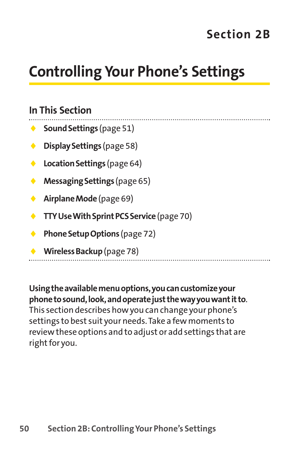 Section 2b. controlling your phone’s settings, 2b. controlling your phone’s settings, Controlling your phone’s settings | Sprint Nextel SPRINT PCSVISION SCP-7000 User Manual | Page 66 / 254