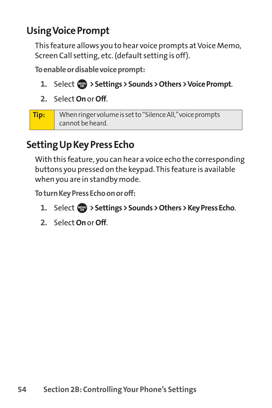 Using voice prompt, Setting up key press echo | Sprint Nextel SPRINT PCSVISION SCP-7000 User Manual | Page 70 / 254