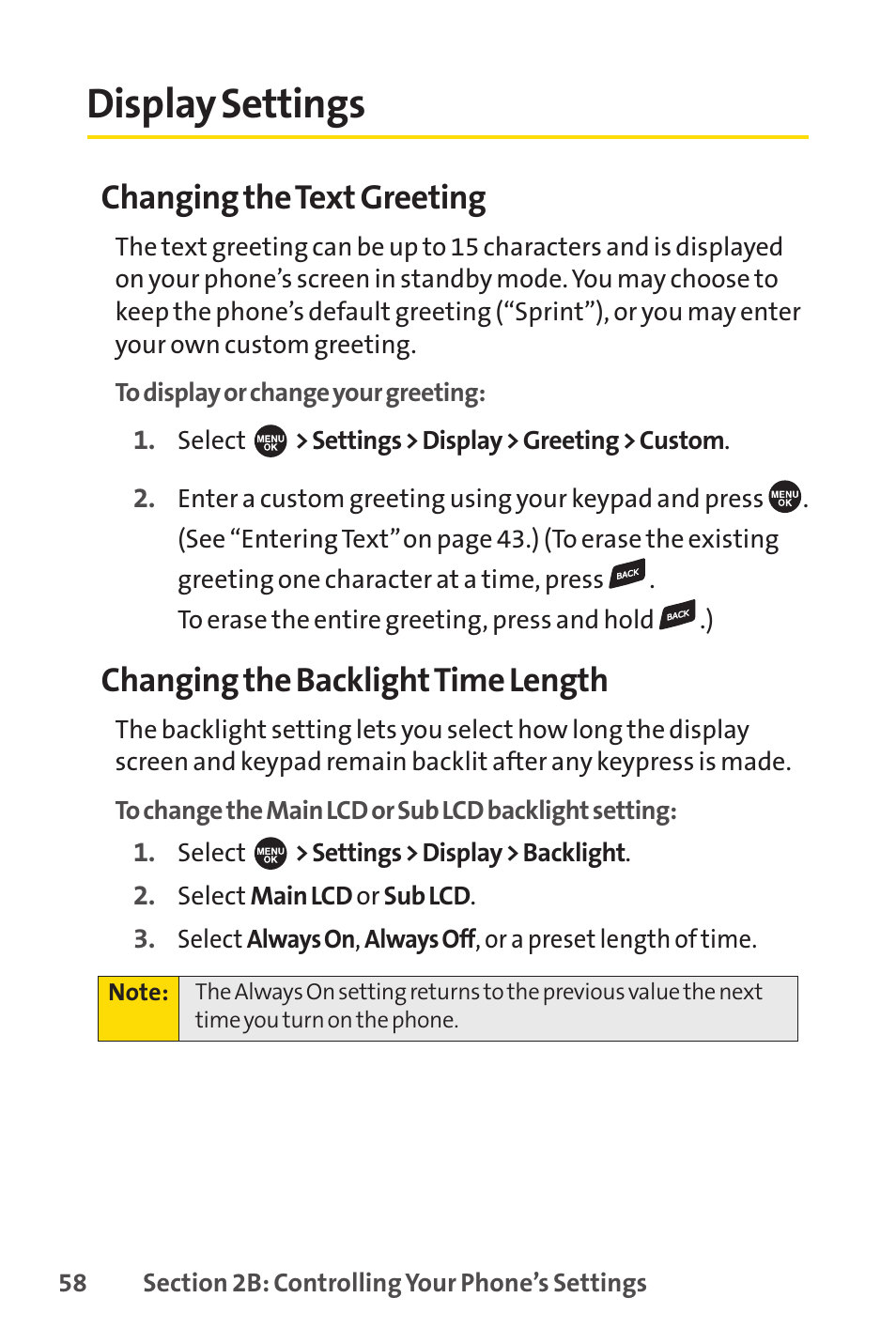 Display settings, Changing the text greeting, Changing the backlighttime length | Sprint Nextel SPRINT PCSVISION SCP-7000 User Manual | Page 74 / 254