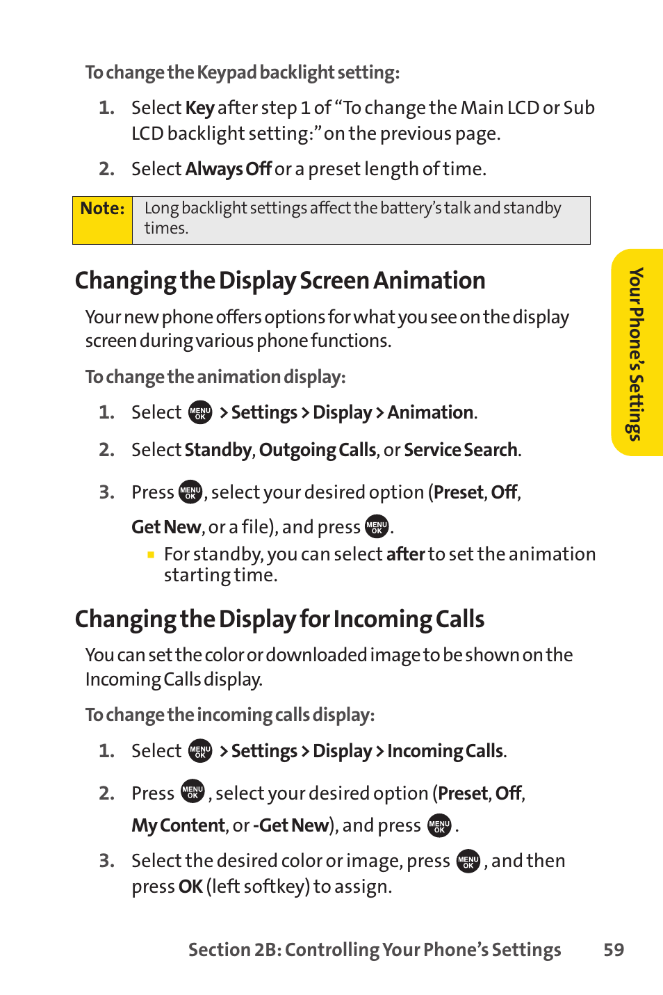 Changing the display screen animation, Changing the display for incoming calls | Sprint Nextel SPRINT PCSVISION SCP-7000 User Manual | Page 75 / 254