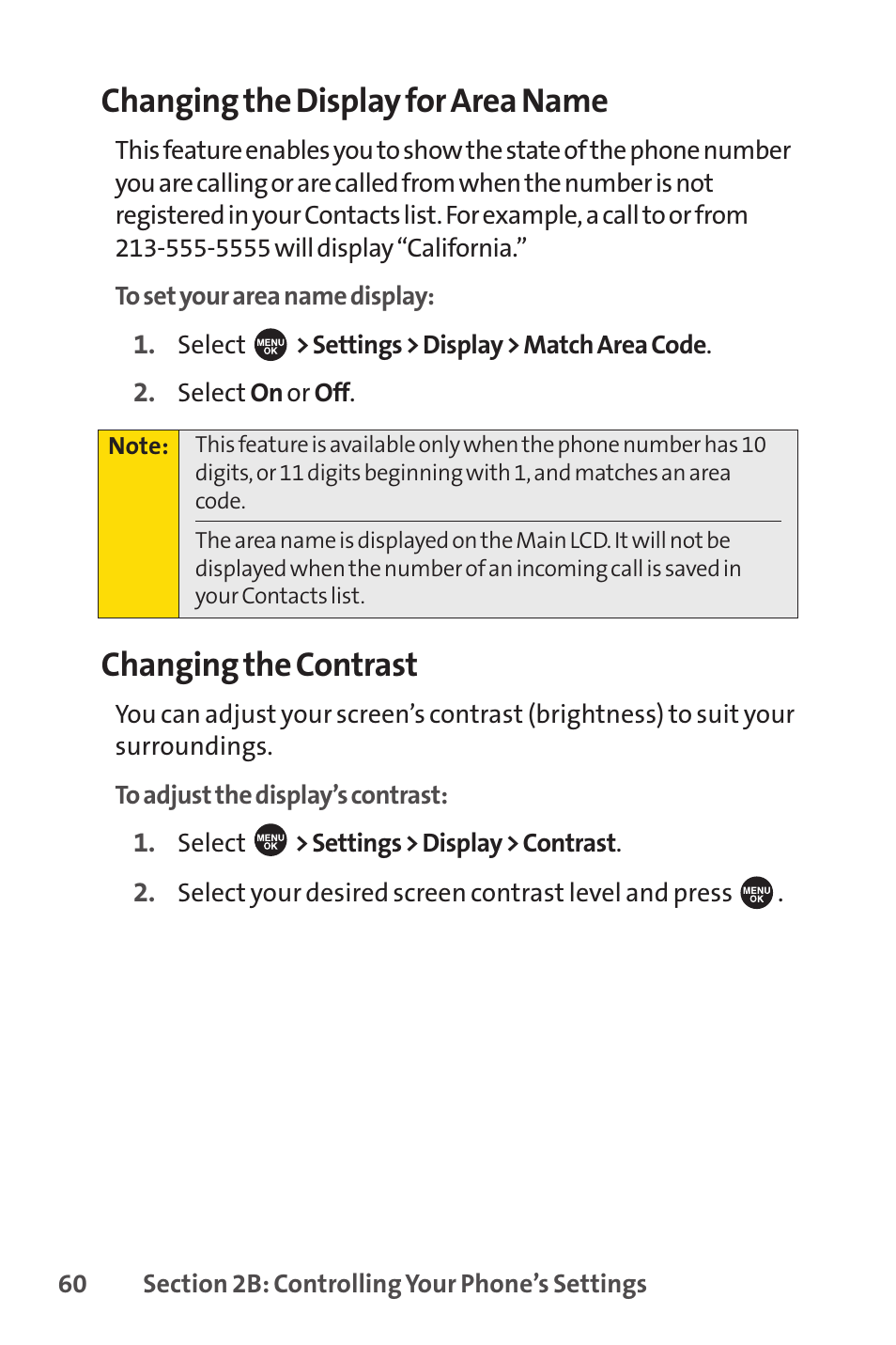 Changing the display for area name, Changing the contrast | Sprint Nextel SPRINT PCSVISION SCP-7000 User Manual | Page 76 / 254