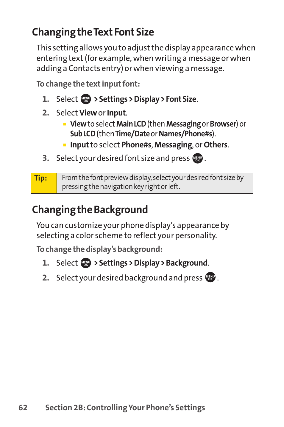 Changing the text font size, Changing the background | Sprint Nextel SPRINT PCSVISION SCP-7000 User Manual | Page 78 / 254