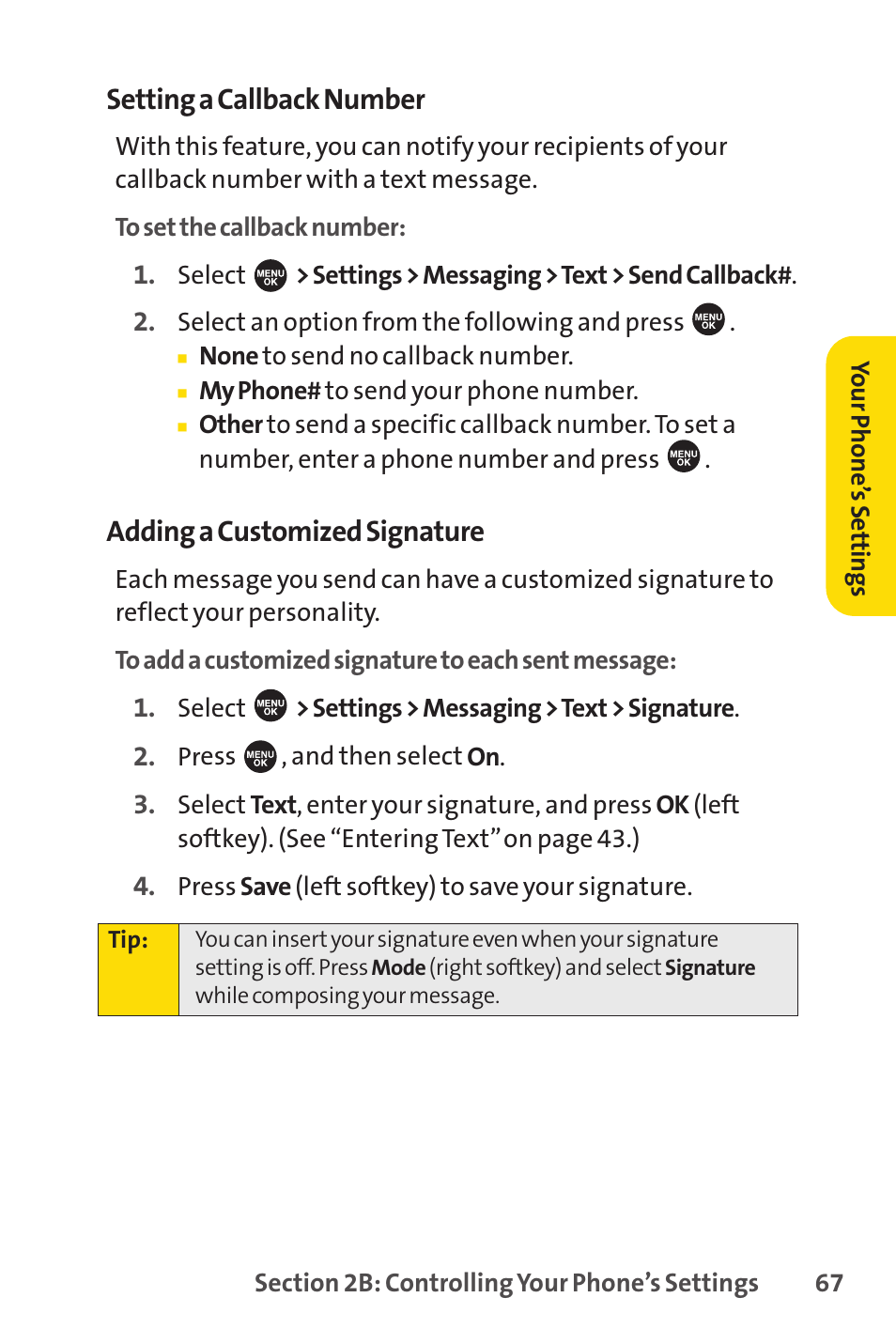 Setting a callback number, Adding a customized signature | Sprint Nextel SPRINT PCSVISION SCP-7000 User Manual | Page 83 / 254