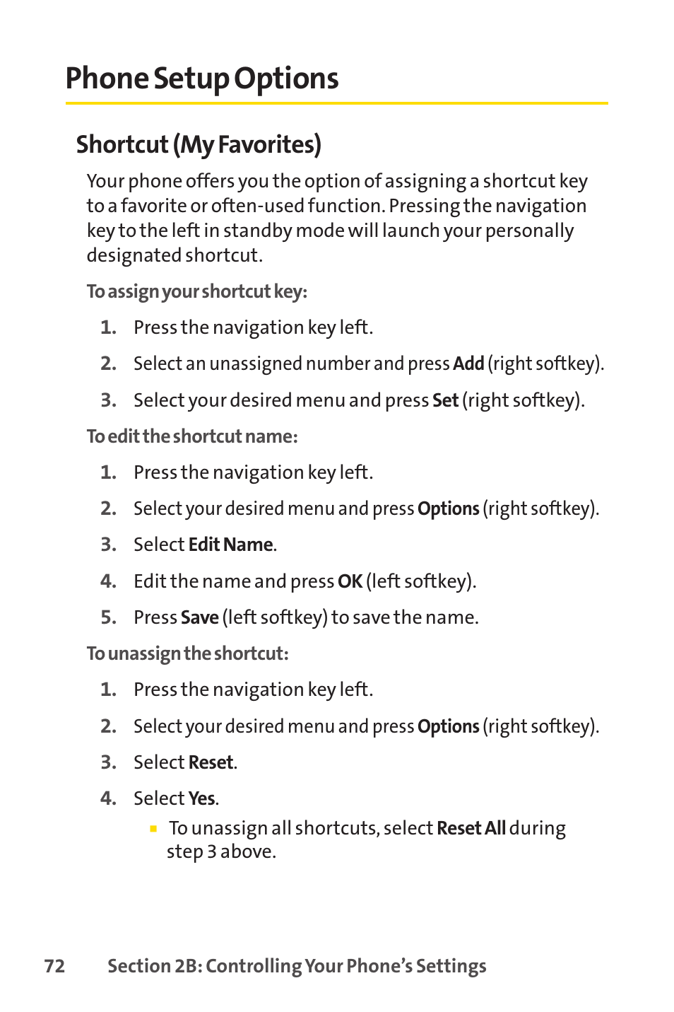 Phone setup options, Shortcut (my favorites) | Sprint Nextel SPRINT PCSVISION SCP-7000 User Manual | Page 88 / 254