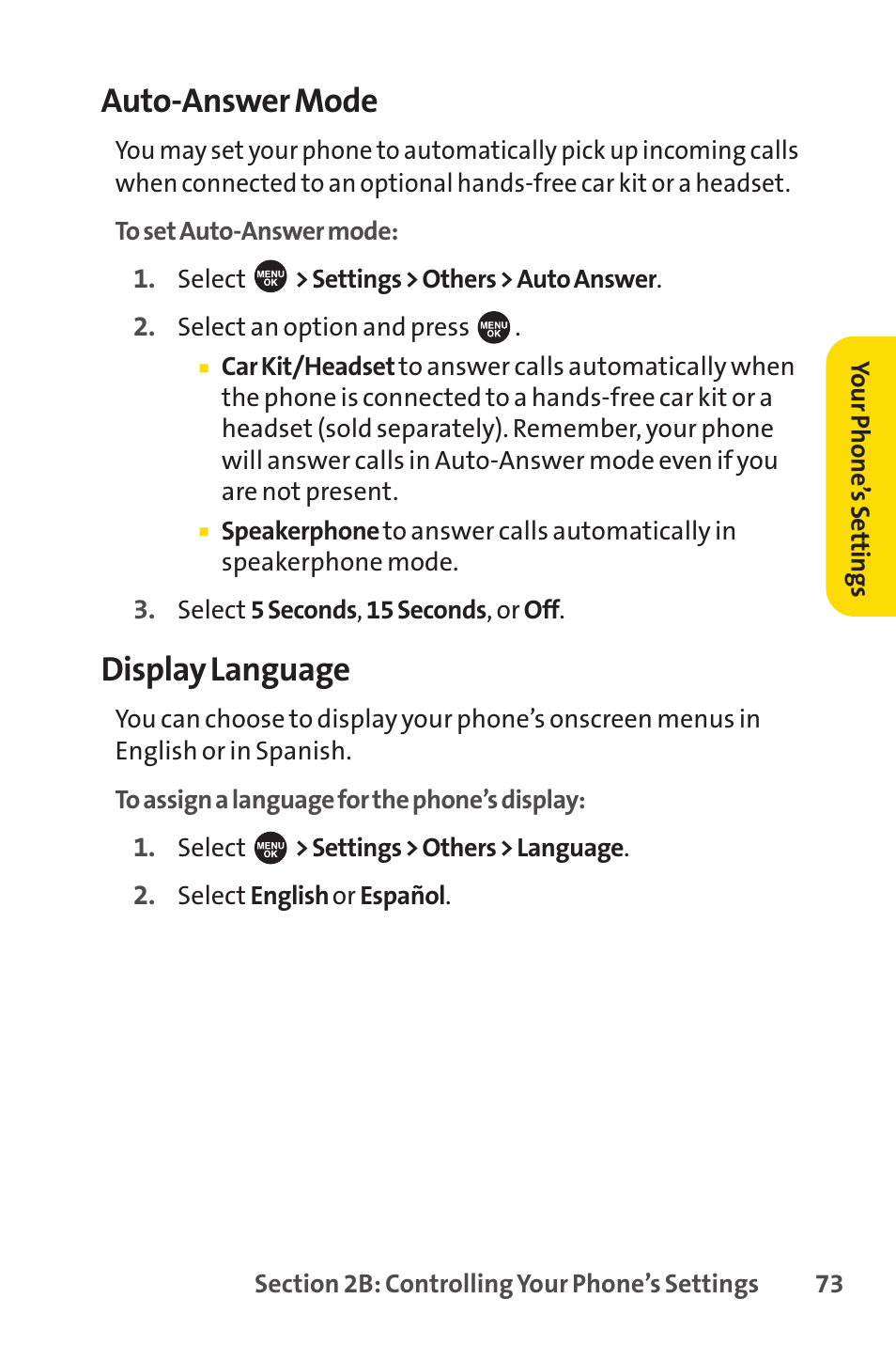 Auto-answer mode, Display language | Sprint Nextel SPRINT PCSVISION SCP-7000 User Manual | Page 89 / 254