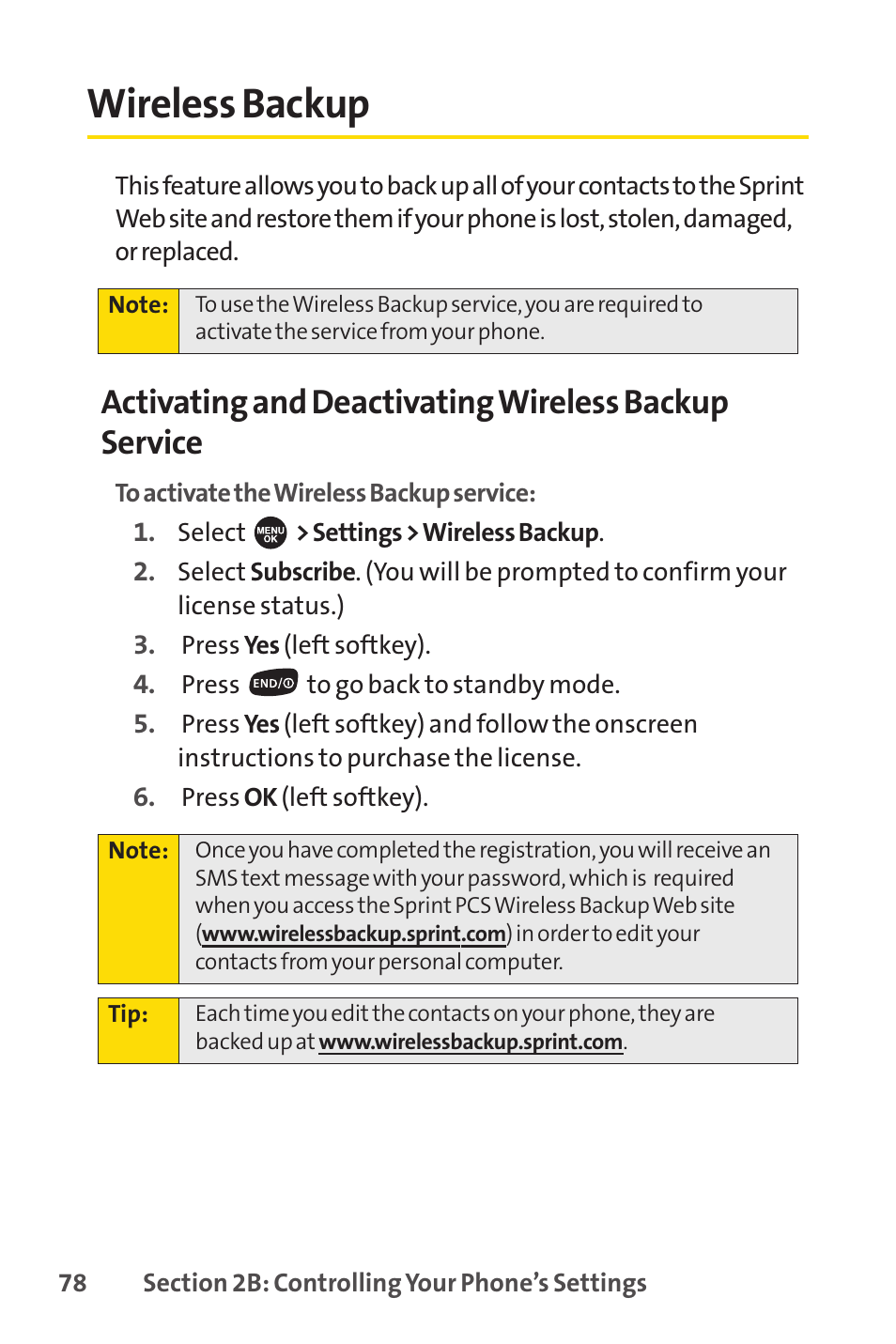 Wireless backup | Sprint Nextel SPRINT PCSVISION SCP-7000 User Manual | Page 94 / 254