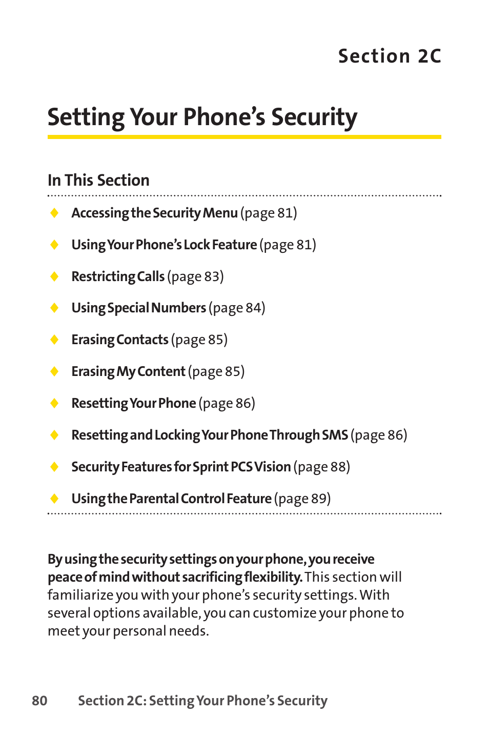 Section 2c. setting your phone’s security, 2c. setting your phone’s security, Setting your phone’s security | Sprint Nextel SPRINT PCSVISION SCP-7000 User Manual | Page 96 / 254