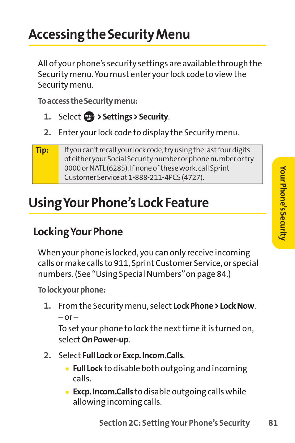 Accessing the security menu, Using your phone’s lock feature, Locking your phone | Sprint Nextel SPRINT PCSVISION SCP-7000 User Manual | Page 97 / 254