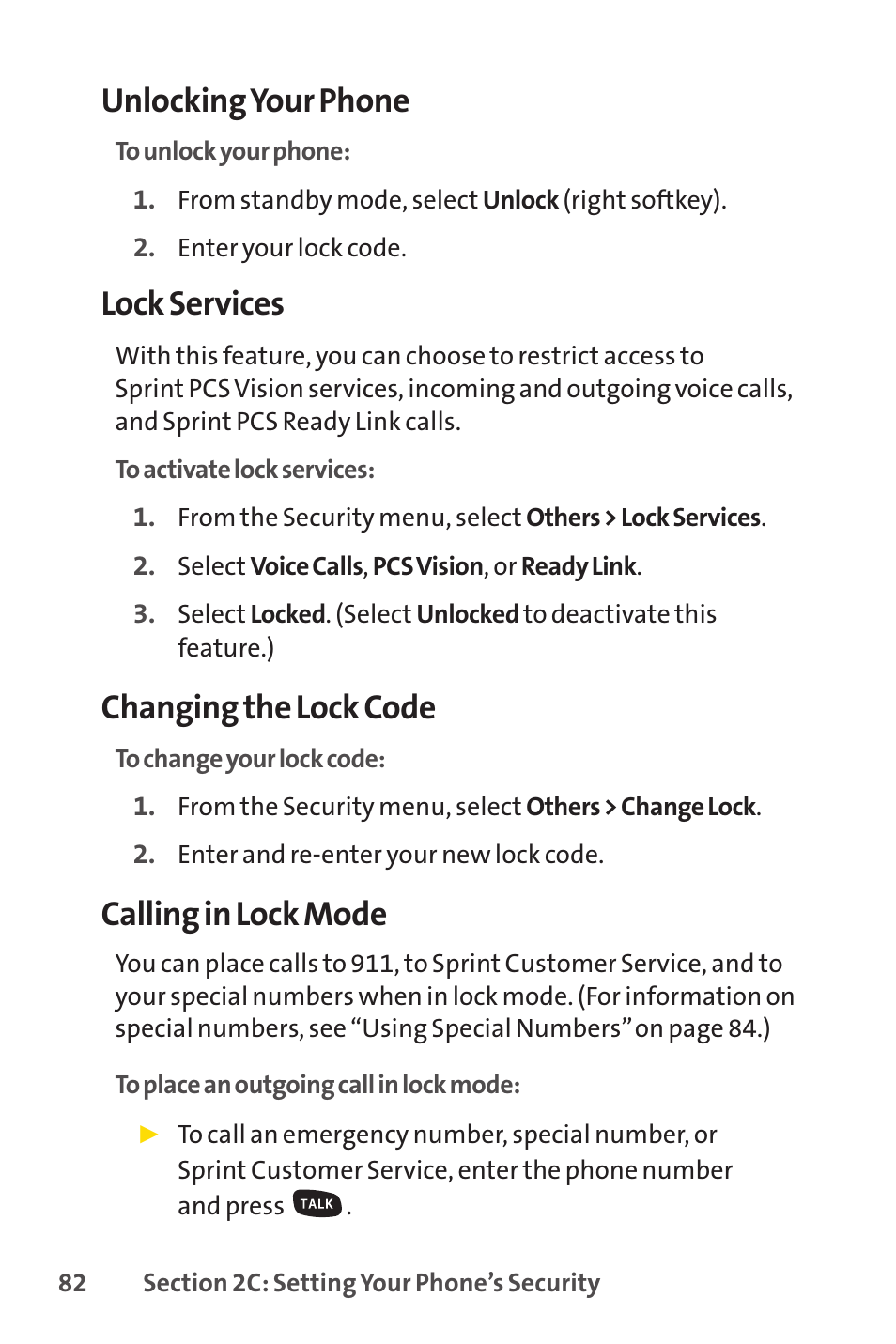 Unlocking your phone, Lock services, Changing the lock code | Calling in lock mode | Sprint Nextel SPRINT PCSVISION SCP-7000 User Manual | Page 98 / 254