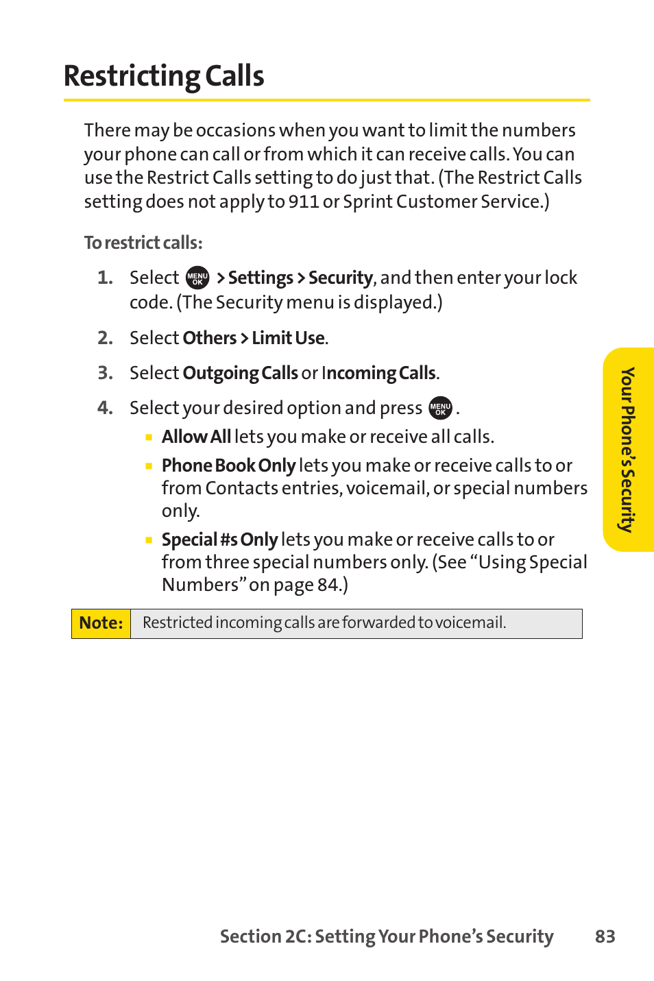 Restricting calls | Sprint Nextel SPRINT PCSVISION SCP-7000 User Manual | Page 99 / 254