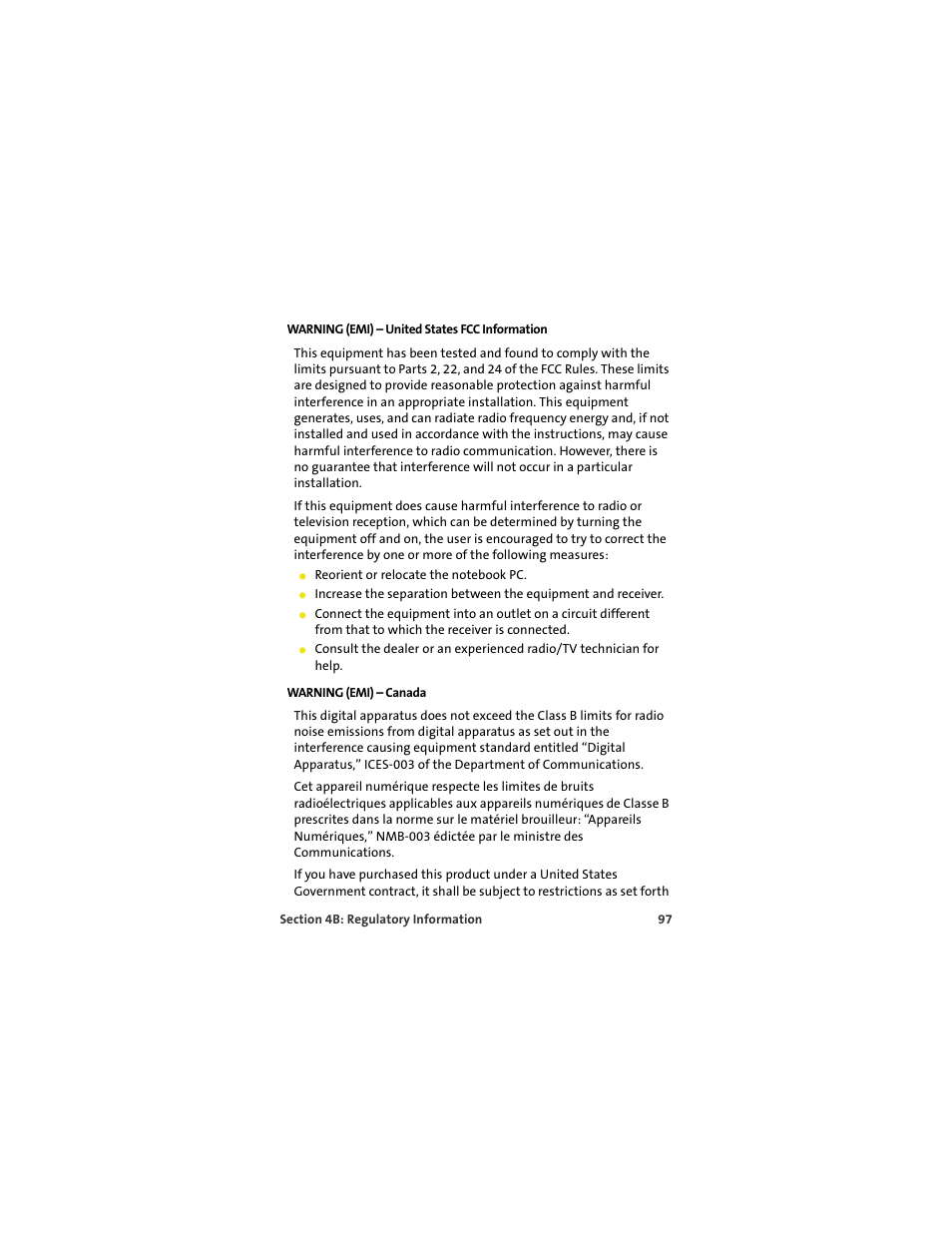 Warning (emi) - united states fcc information, Warning (emi) - canada, Warning (emi) – united states fcc information | Warning (emi) – canada | Sprint Nextel MERLIN EX720 User Manual | Page 103 / 135