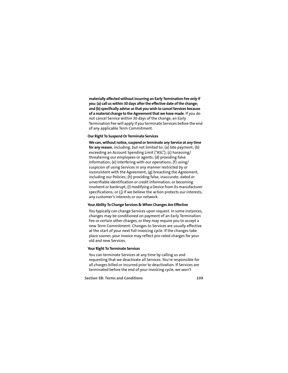 Our right to suspend or terminate services, Your right to terminate services | Sprint Nextel MERLIN EX720 User Manual | Page 115 / 135