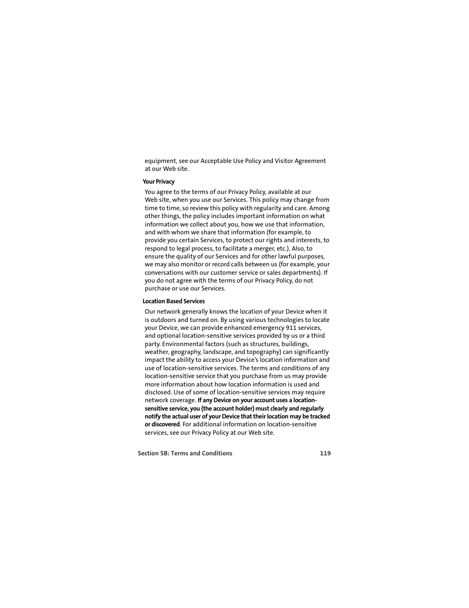 Your privacy, Location based services | Sprint Nextel MERLIN EX720 User Manual | Page 125 / 135