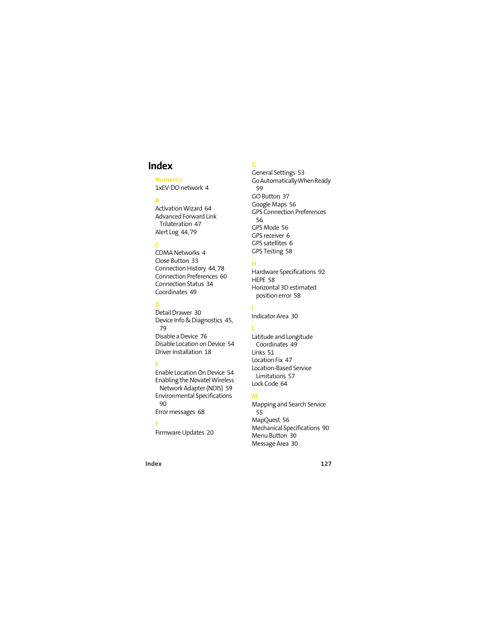 Index, Numerics | Sprint Nextel MERLIN EX720 User Manual | Page 133 / 135