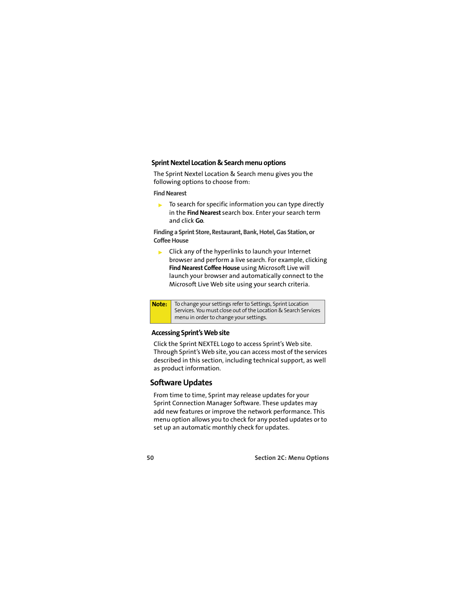 Sprint nextel location & search menu options, Accessing sprint’s web site, Software updates | Sprint Nextel MERLIN EX720 User Manual | Page 56 / 135