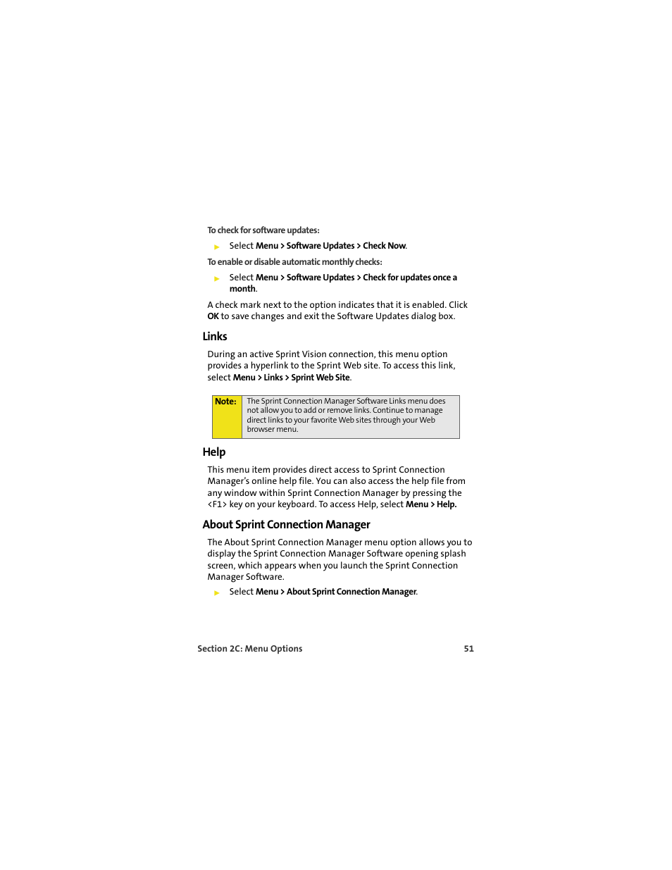 Links, Help, About sprint connection manager | Sprint Nextel MERLIN EX720 User Manual | Page 57 / 135