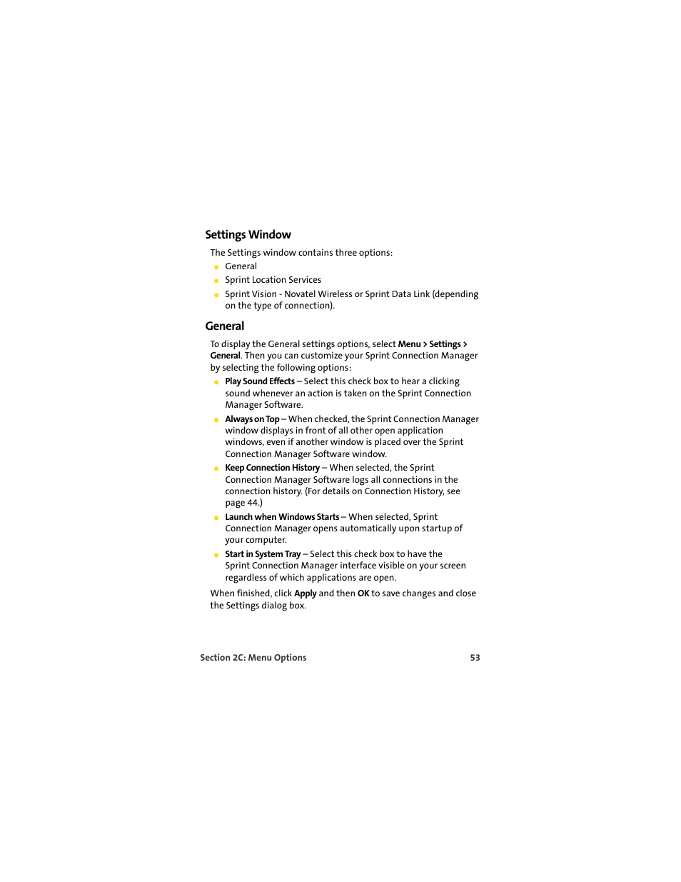 Settings window, General | Sprint Nextel MERLIN EX720 User Manual | Page 59 / 135