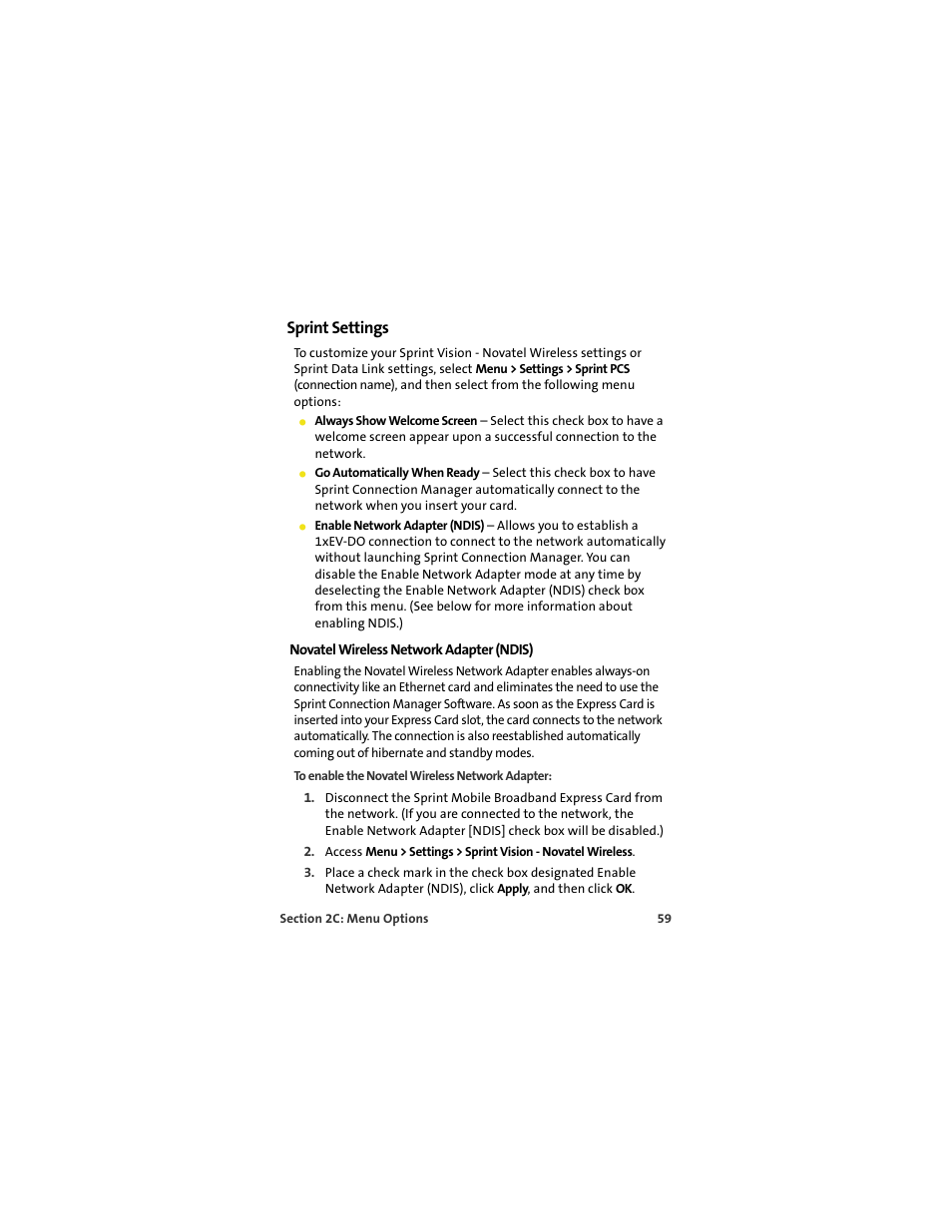 Sprint settings, Novatel wireless network adapter (ndis) | Sprint Nextel MERLIN EX720 User Manual | Page 65 / 135