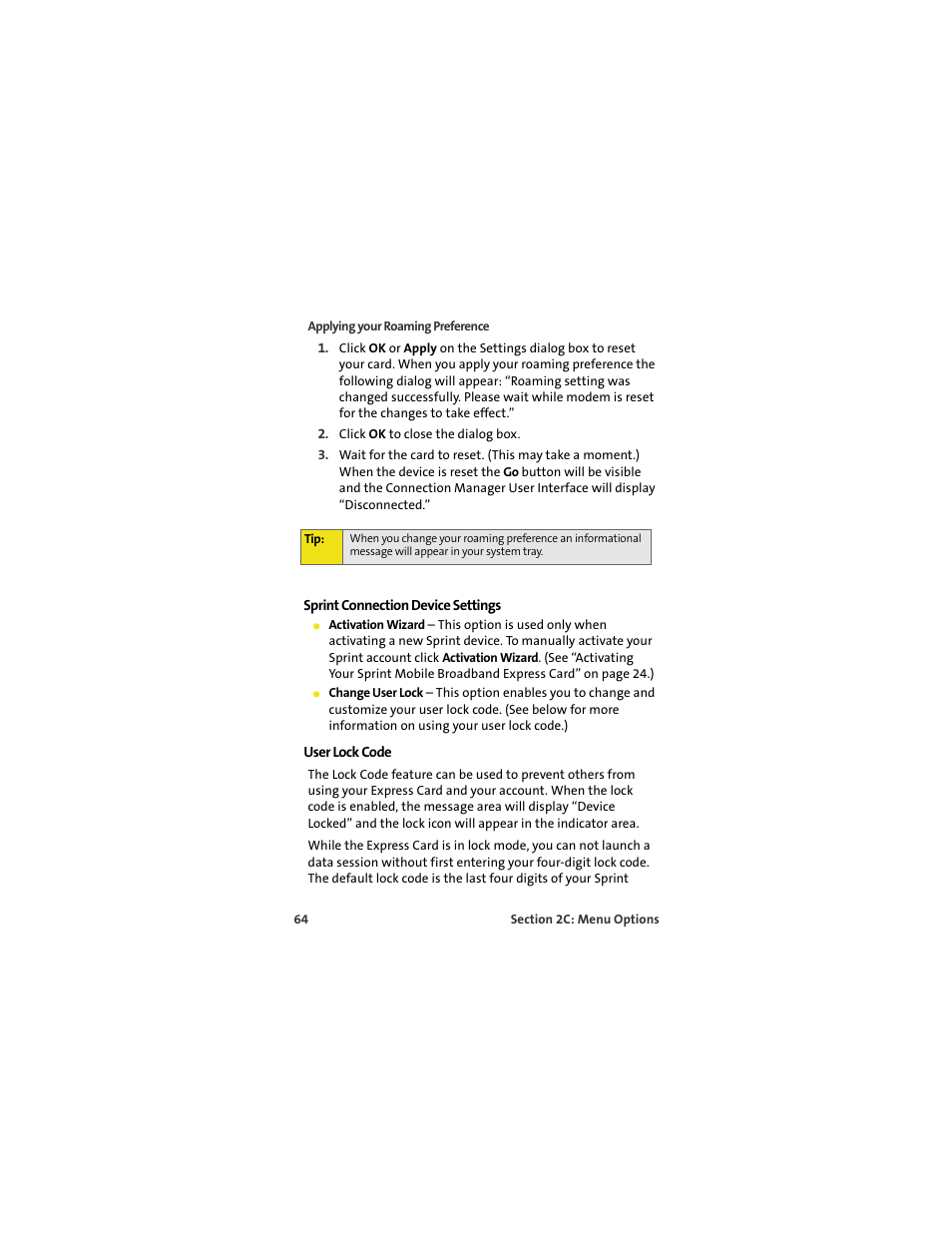 Sprint connection device settings, User lock code | Sprint Nextel MERLIN EX720 User Manual | Page 70 / 135