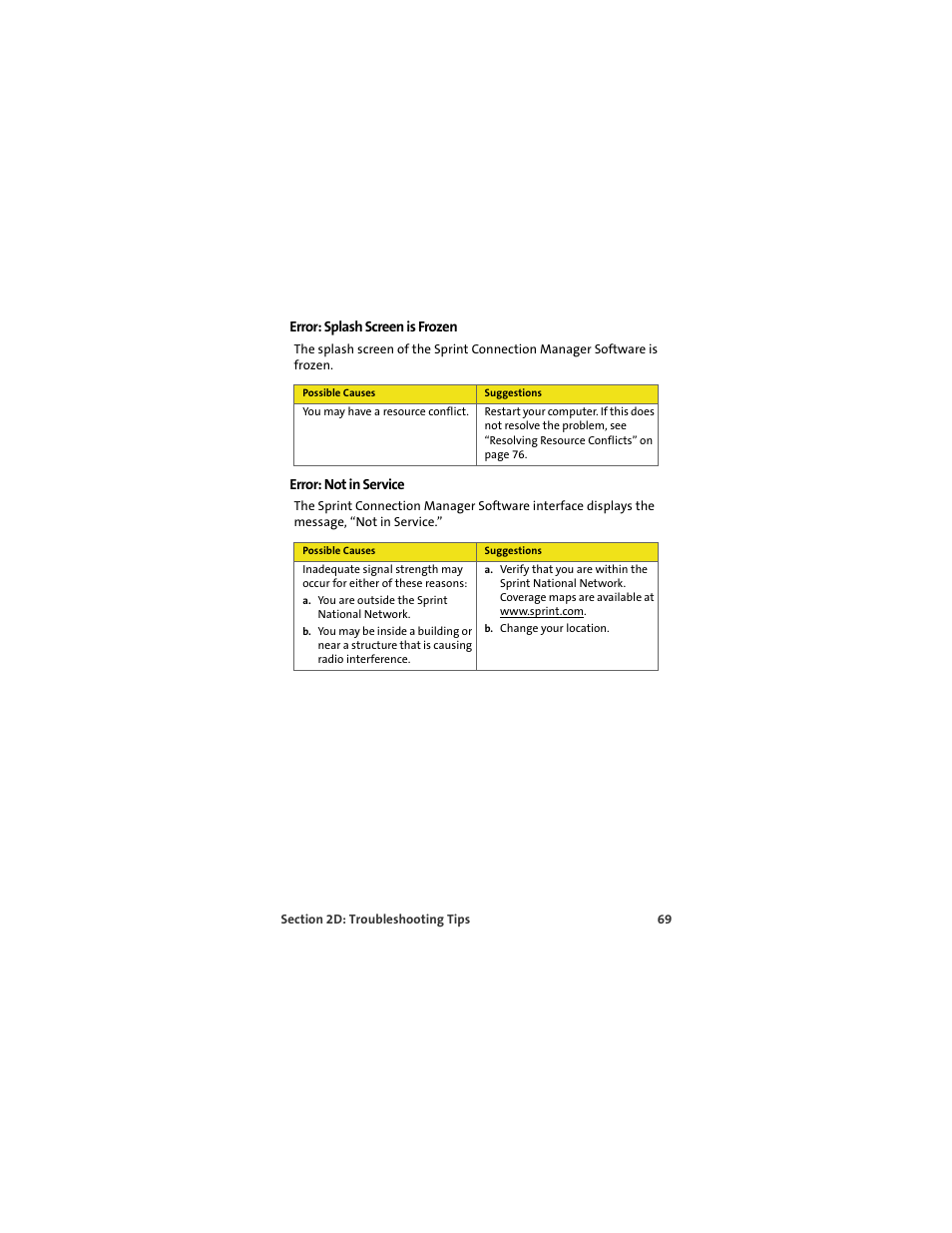 Error: splash screen is frozen, Error: not in service | Sprint Nextel MERLIN EX720 User Manual | Page 75 / 135