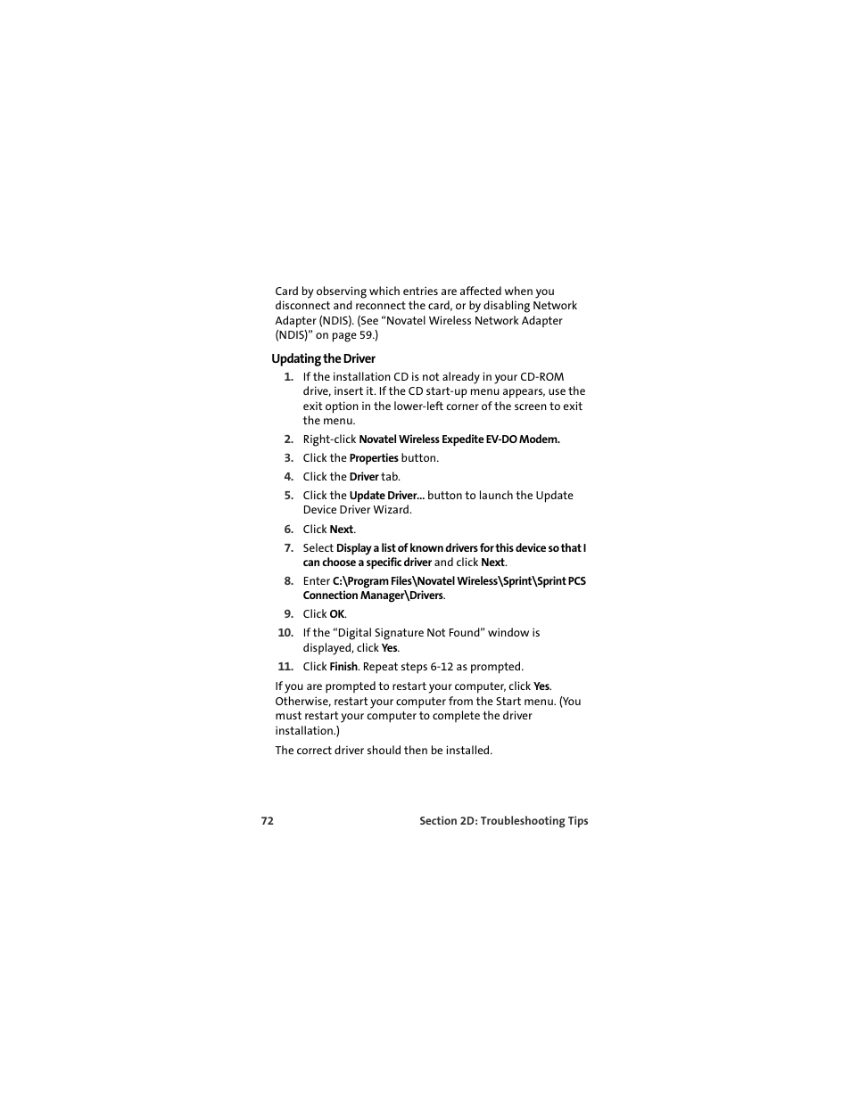 Updating the driver | Sprint Nextel MERLIN EX720 User Manual | Page 78 / 135
