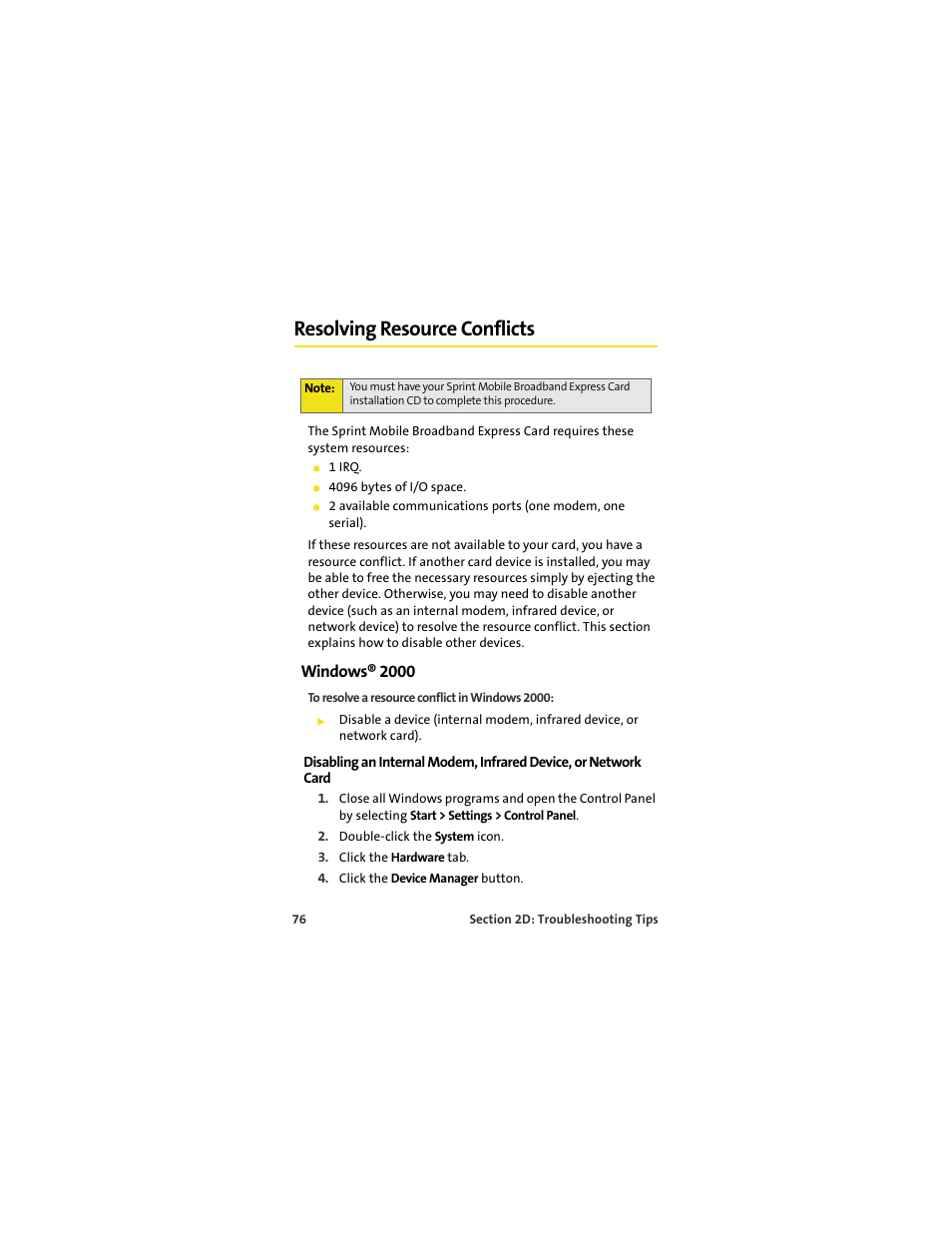 Resolving resource conflicts, Windows® 2000 | Sprint Nextel MERLIN EX720 User Manual | Page 82 / 135