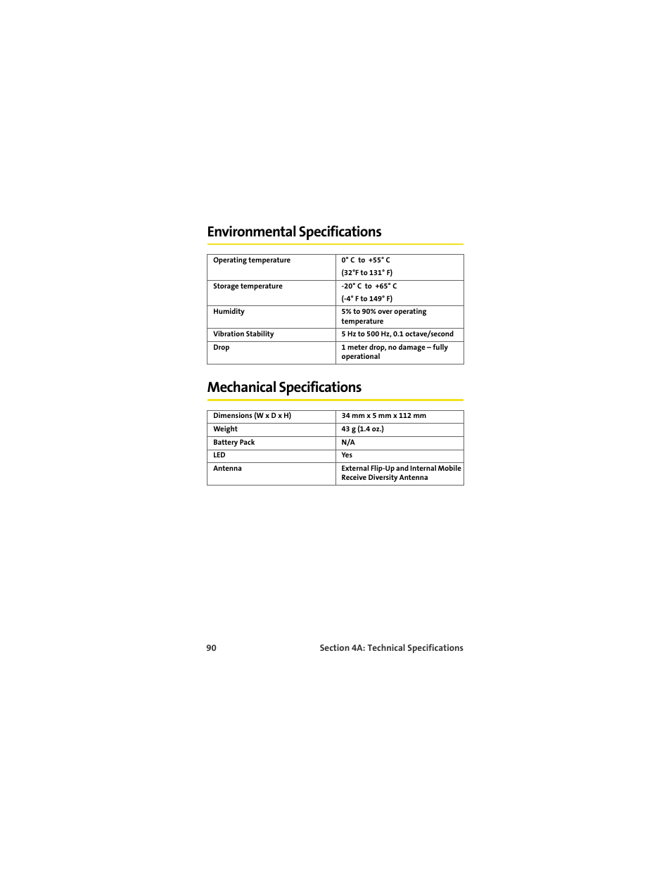 Environmental specifications, Mechanical specifications | Sprint Nextel MERLIN EX720 User Manual | Page 96 / 135
