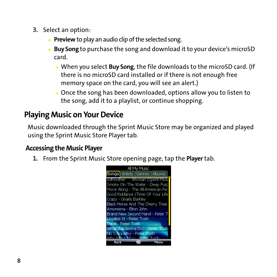 Playing music on your device, Accessing the music player | Sprint Nextel Mobile Digital TV User Manual | Page 10 / 22