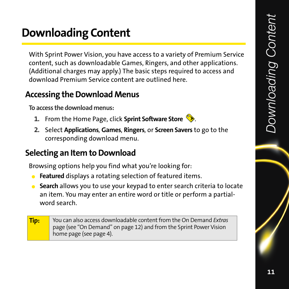 Downloading content, Accessing the download menus, Selecting an item to download | Downloading cont ent | Sprint Nextel Mobile Digital TV User Manual | Page 13 / 22