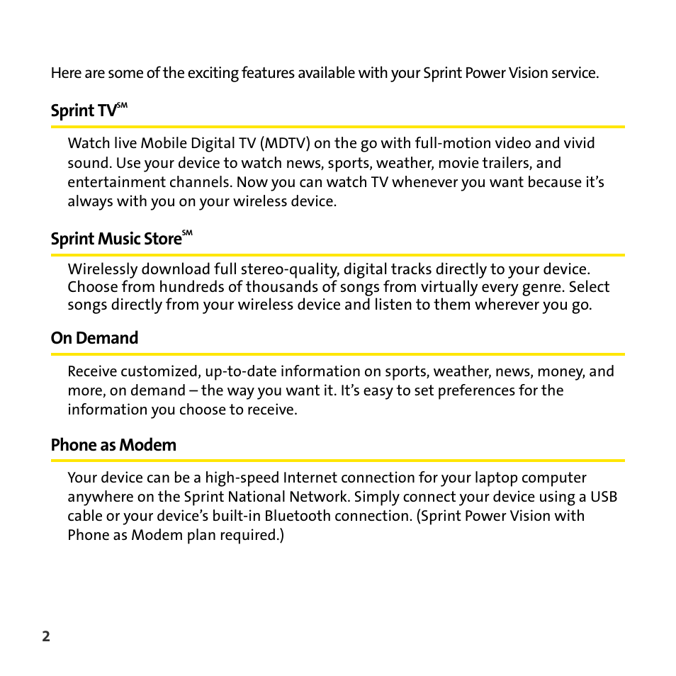 Sprint power vision guide, Sprint music storesm, On demand | Phone as modem, Sprint tv, Sprint music store | Sprint Nextel Mobile Digital TV User Manual | Page 4 / 22