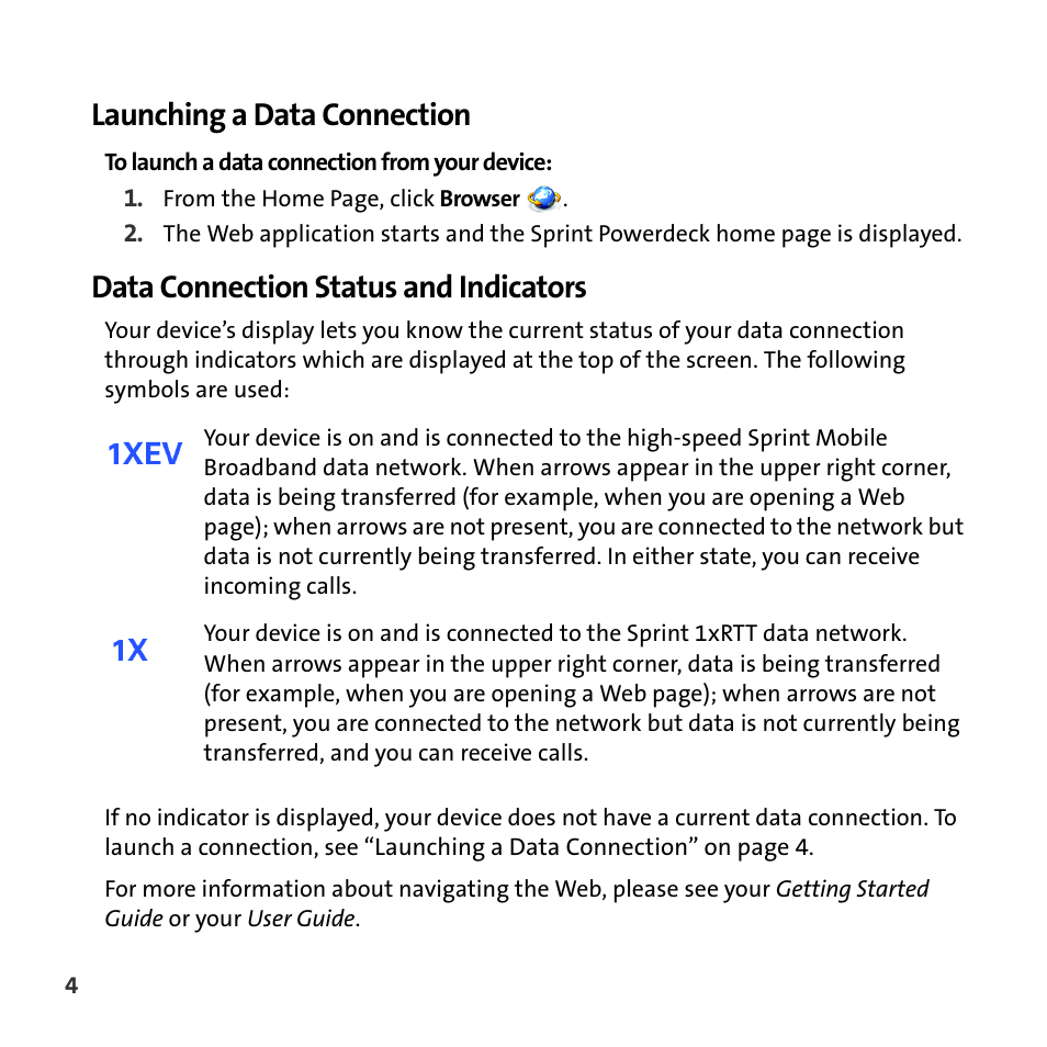 Launching a data connection, Data connection status and indicators | Sprint Nextel Mobile Digital TV User Manual | Page 6 / 22