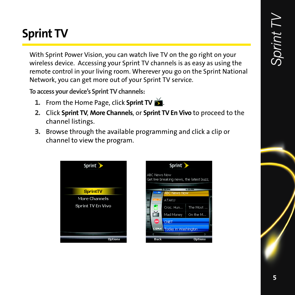 Sprint tv, Sprint t v | Sprint Nextel Mobile Digital TV User Manual | Page 7 / 22