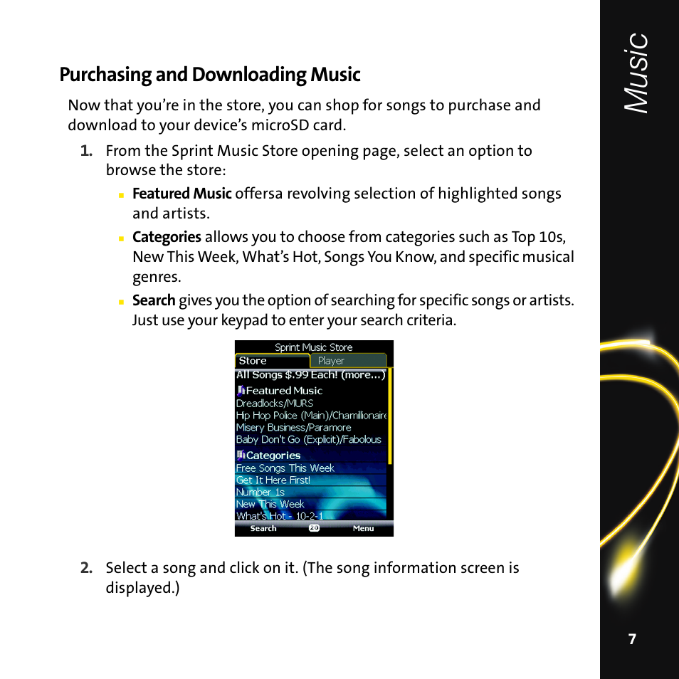 Purchasing and downloading music, Music | Sprint Nextel Mobile Digital TV User Manual | Page 9 / 22