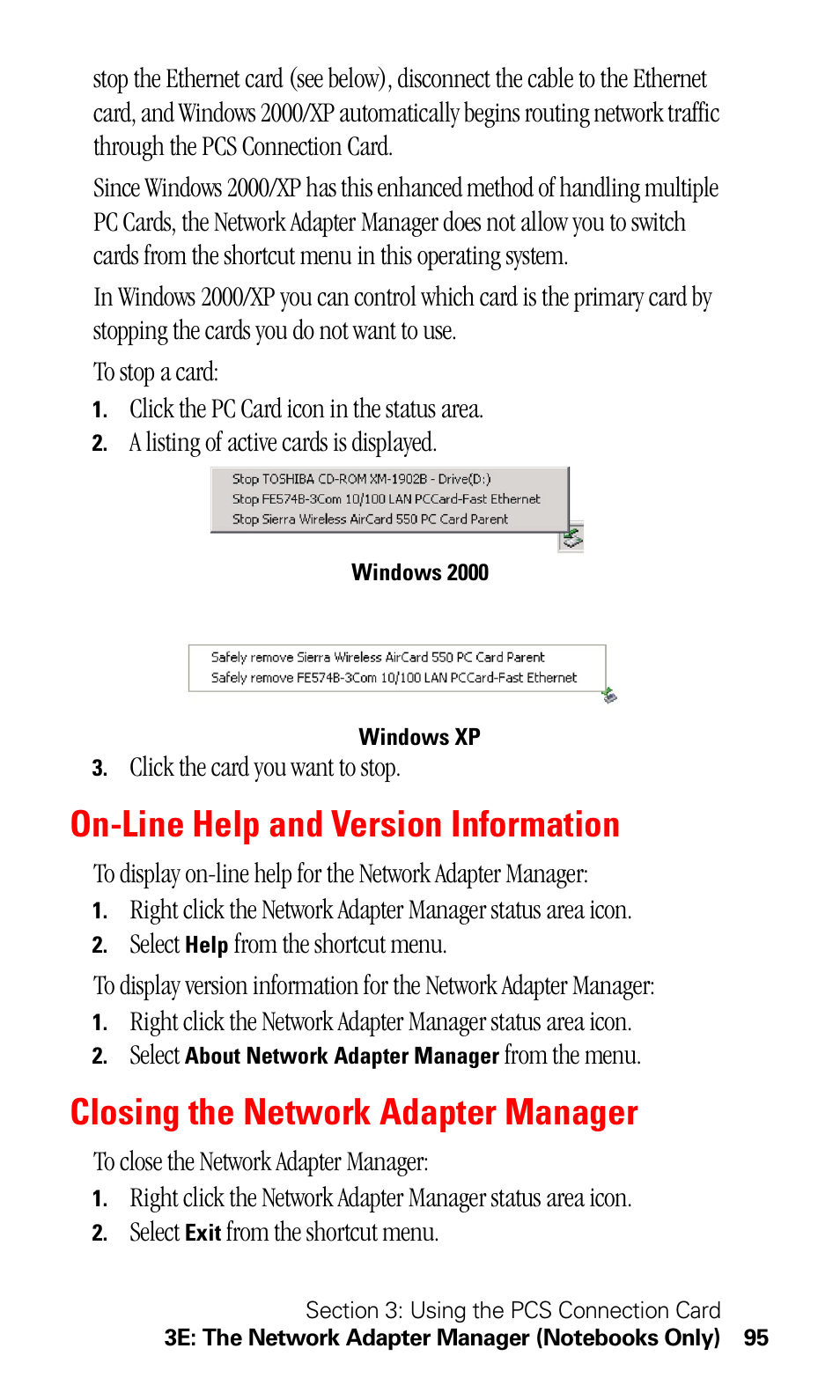 On-line help and version information, Closing the network adapter manager | Sprint Nextel 550 User Manual | Page 101 / 175