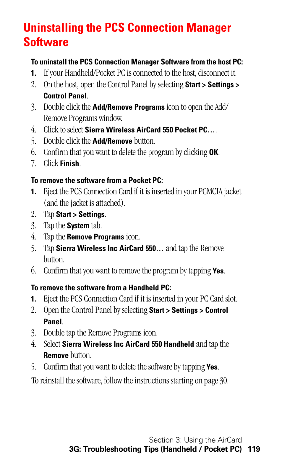 Uninstalling the pcs connection manager software | Sprint Nextel 550 User Manual | Page 125 / 175