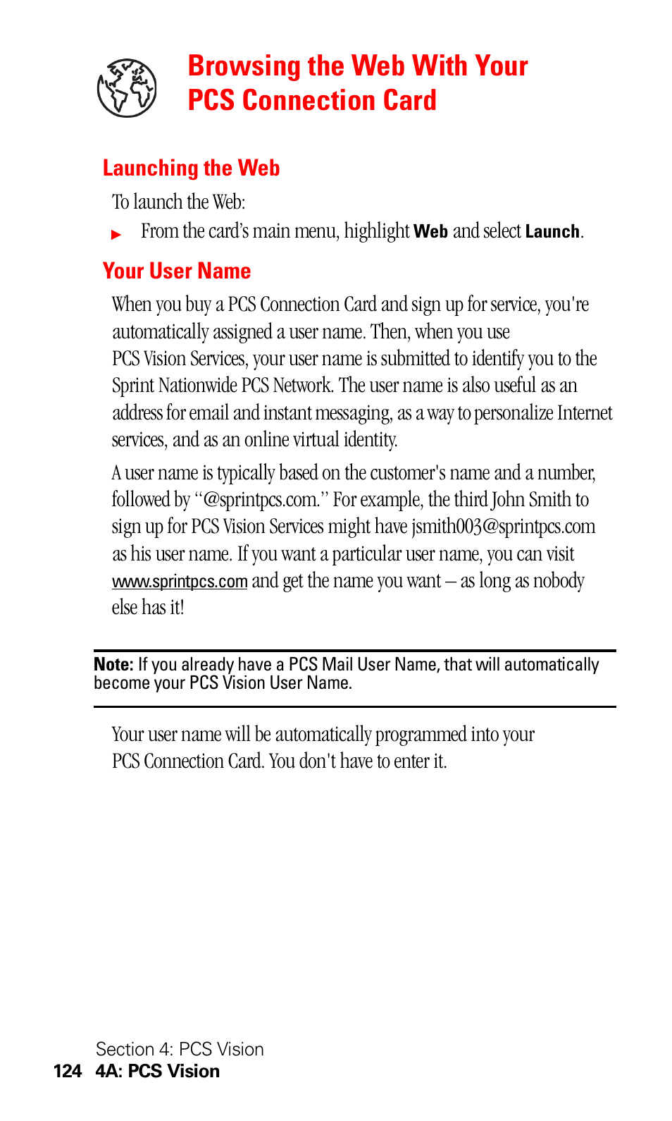 Browsing the web with your pcs connection card, Launching the web, Your user name | Launching the web your user name | Sprint Nextel 550 User Manual | Page 130 / 175