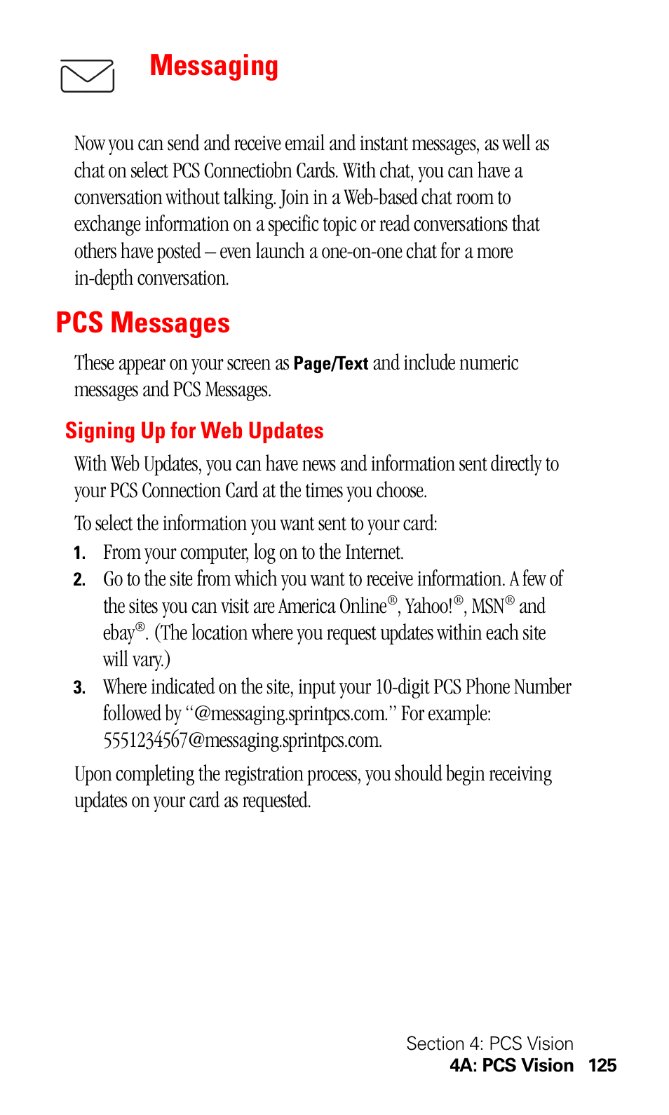 Messaging, Pcs messages, Signing up for web updates | Sprint Nextel 550 User Manual | Page 131 / 175