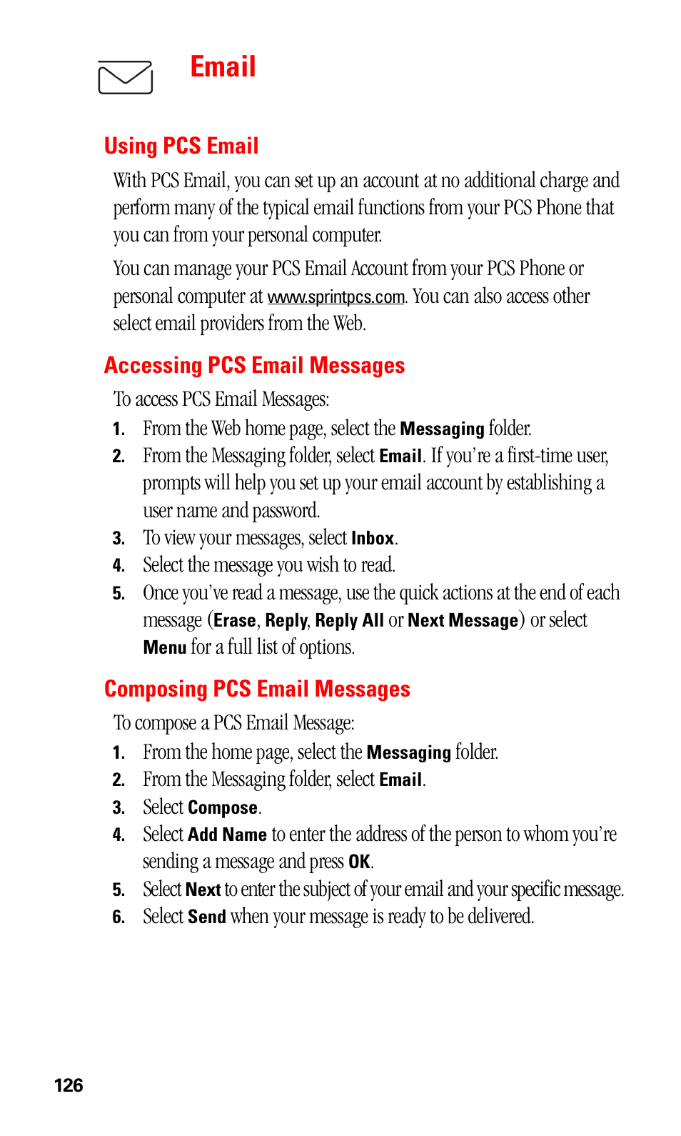 Email, Using pcs email, Accessing pcs email messages | Composing pcs email messages | Sprint Nextel 550 User Manual | Page 132 / 175