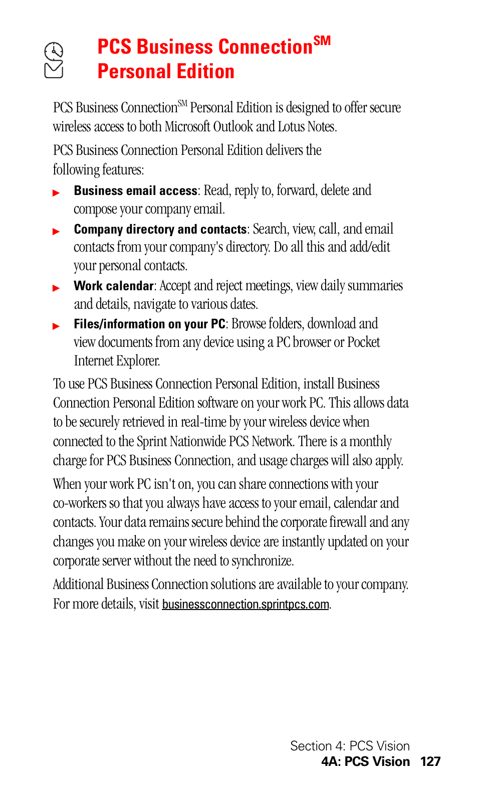 Pcs business connectionsm personal edition, Pcs business connection, Personal edition | Sprint Nextel 550 User Manual | Page 133 / 175