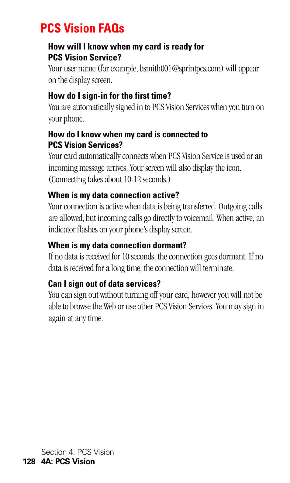 Pcs vision faqs | Sprint Nextel 550 User Manual | Page 134 / 175