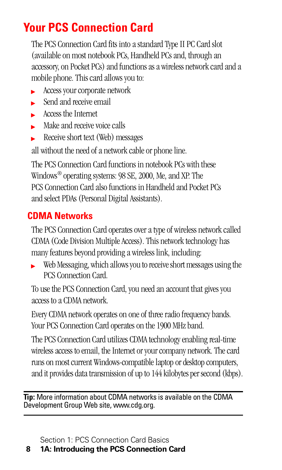 Your pcs connection card, Cdma networks, Access your corporate network | Send and receive email, Access the internet, Make and receive voice calls | Sprint Nextel 550 User Manual | Page 14 / 175