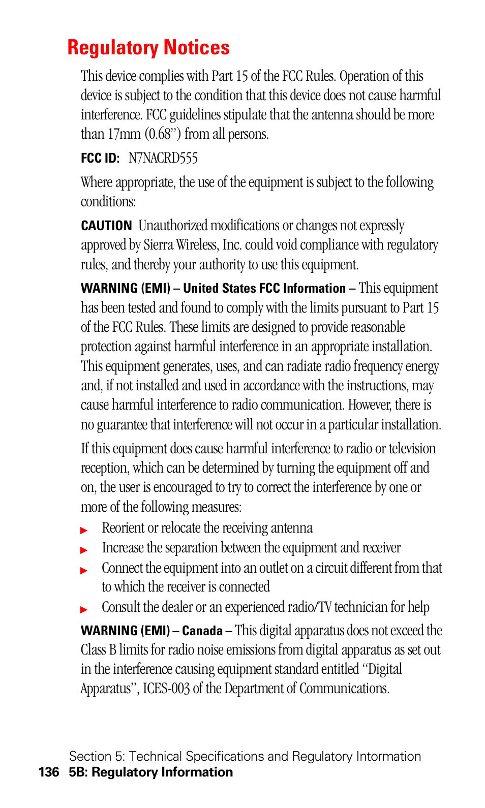 Regulatory notices, Reorient or relocate the receiving antenna | Sprint Nextel 550 User Manual | Page 142 / 175