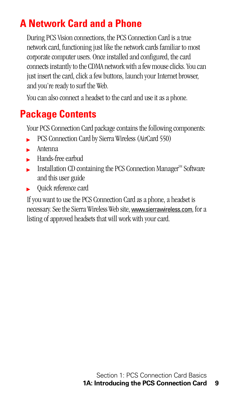 A network card and a phone, Package contents, Antenna | Hands-free earbud, Software and this user guide | Sprint Nextel 550 User Manual | Page 15 / 175