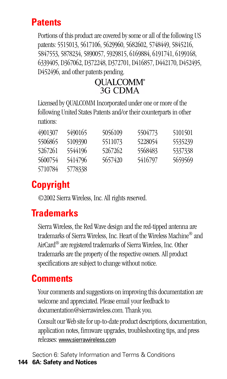 Patents, Copyright, Trademarks | Comments | Sprint Nextel 550 User Manual | Page 150 / 175