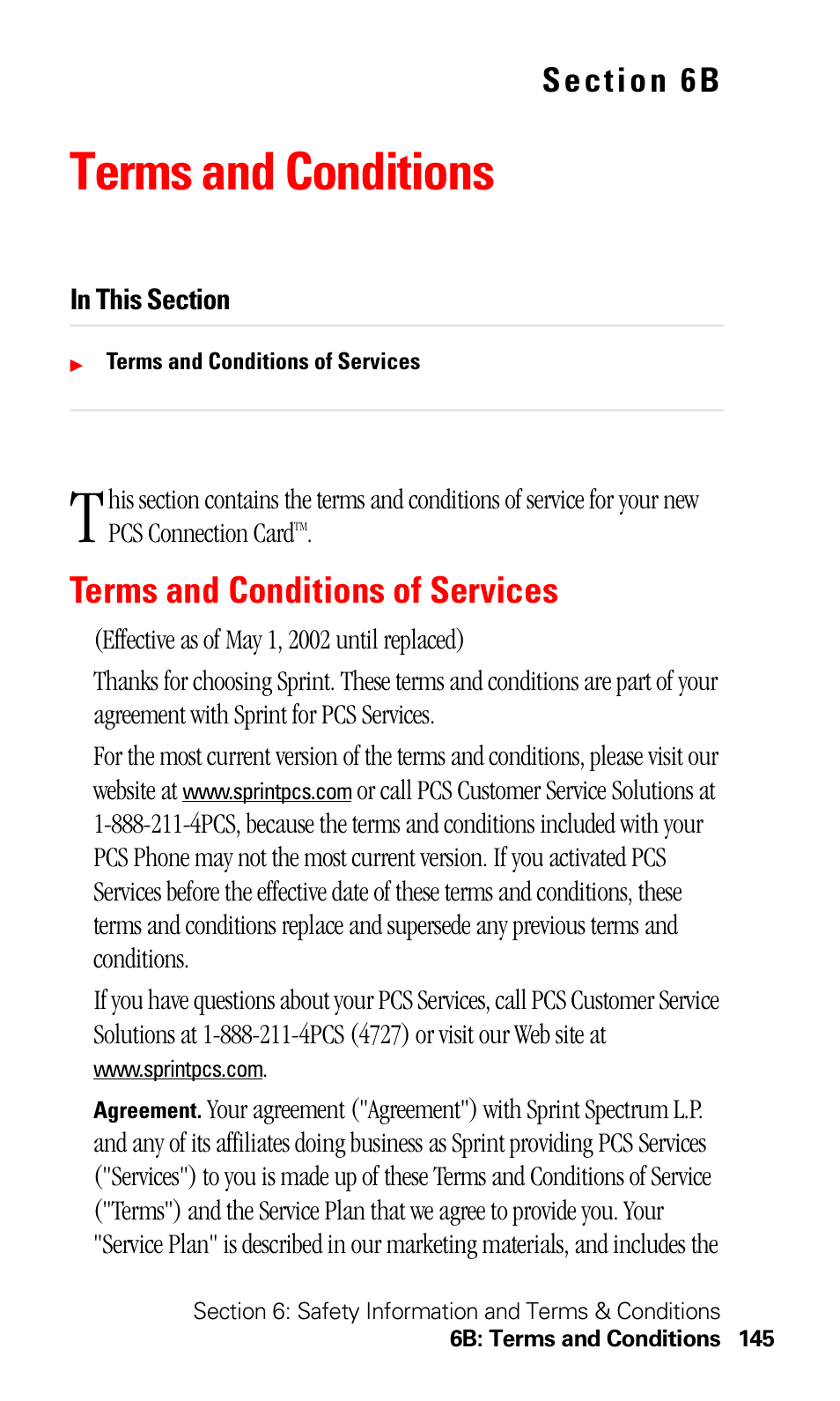 Terms and conditions, Terms and conditions of services, 6b. terms and conditions | Sprint Nextel 550 User Manual | Page 151 / 175