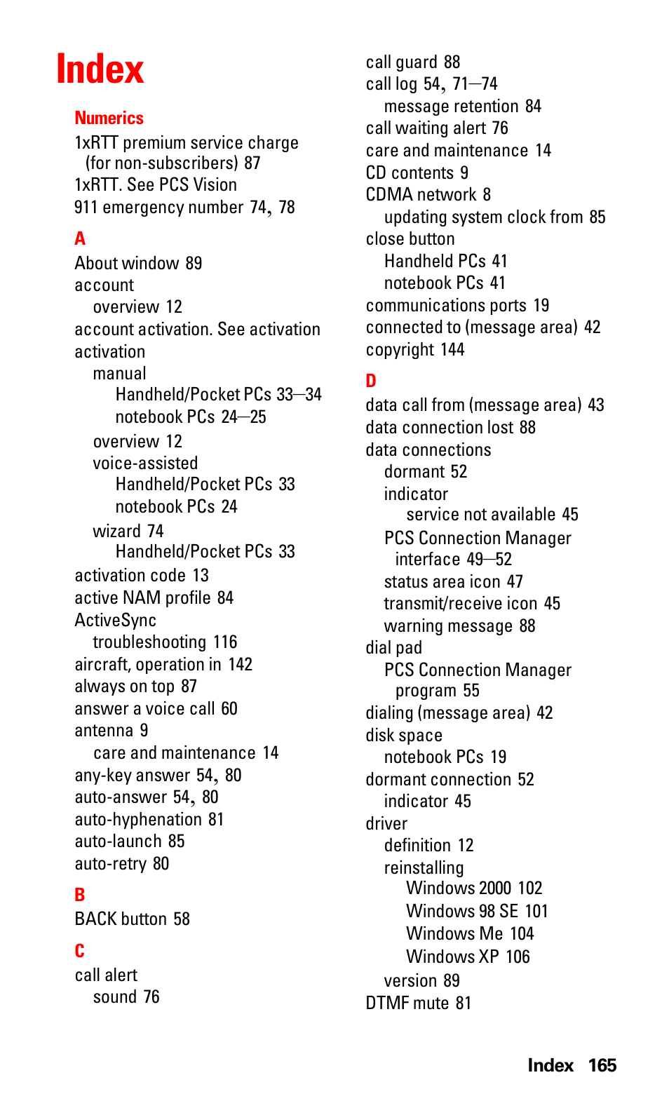 Index | Sprint Nextel 550 User Manual | Page 171 / 175
